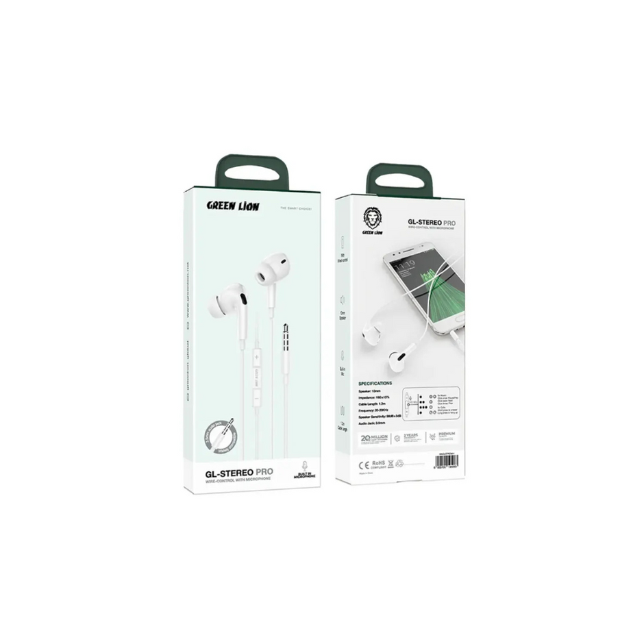 אוזניות Green Lion GL-Stereo Pro עם שליטה על החוט ומיקרופון – לבן 🎧🤍