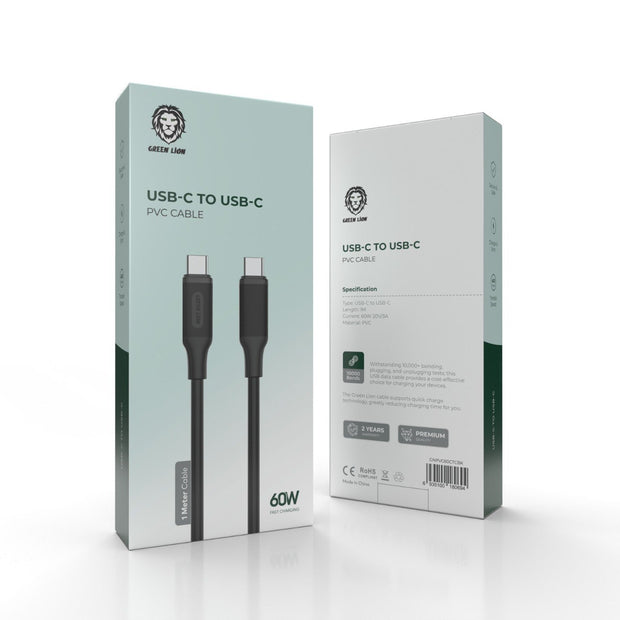 כבל טעינה Green Lion USB-C ל-USB-C עשוי PVC באורך 1 מטר – 60W – שחור