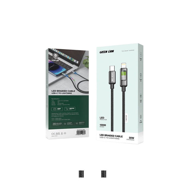 כבל קלוע עם תאורת LED Green Lion USB-C ל-Lightning – שחור