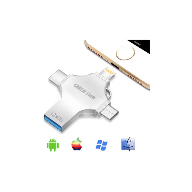 דיסק און-קי רב-תכליתי Green Lion 4-in-1 USB Flash Drive 128GB – כסף 💾✨